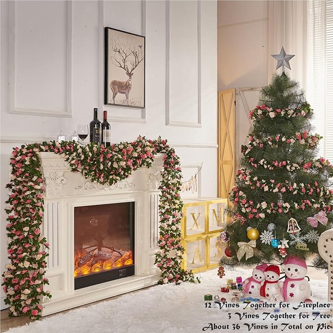 8 Pcs x 8.2 ft Flower Garland Artificial Rose Vine Flowers with Green Leaves Hanging Fake Roses Vine for Room Party Home Wedding Birthday Christmas Wall Arch Decor, Champagne Flower
