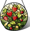 Stained Glass Window Hanging - Red Strawberry Suncatcher for Doors Window Home Green Plant Sun Catchers Decor Christmas Mother's Day Birthday Gifts for Teacher Women Men Mom Nana 9.8 in