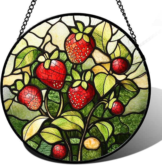 Stained Glass Window Hanging - Red Strawberry Suncatcher for Doors Window Home Green Plant Sun Catchers Decor Christmas Mother's Day Birthday Gifts for Teacher Women Men Mom Nana 11.8 in