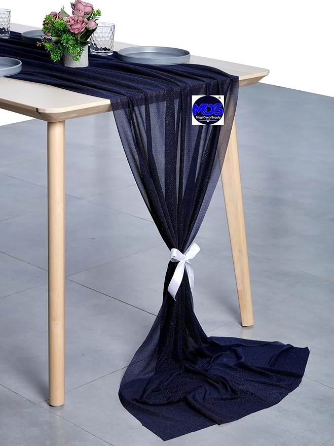 MDS 15 Pack 10ft Chiffon Table Runner 29 x 120 Inches Sheer Wedding Runner Romantic Rustic Table Runner for Wedding Decorations, Birthday Parties, Bridal Shower Party Arch Decor - Navy Blue