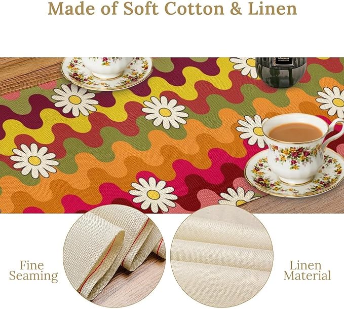 Vintage Floral Table Runner,60s 70s Colorful Retro Abstract Hippie Print Table Runner for Kitchen Dining Table Home Party Decoration 13x36 Inch