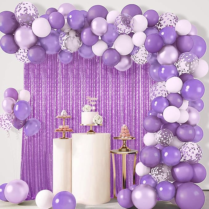 ShinyBeauty Sequin Curtains 4 Panels Lavender Sequin Backdrop Photo Backdrops Shimmer Background Party Decor Glitter Fabric Light Purple Curtain for Baby Shower(2FTx8FT)