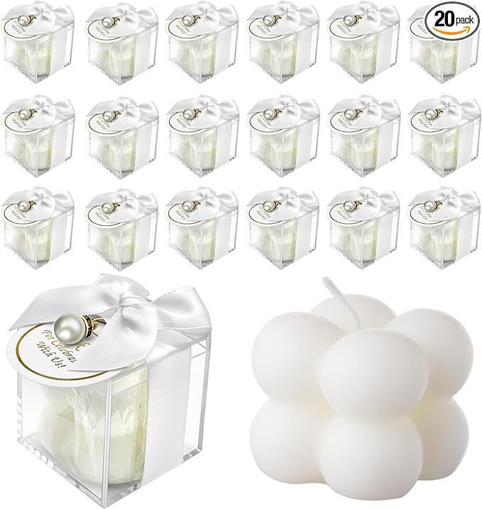 20 Pcs Small Bubble Candles Elegant Party Favors Bulk Set with Decorative Ribbons Thank You Cards for Bridal Shower Guest Gifts (20, White)