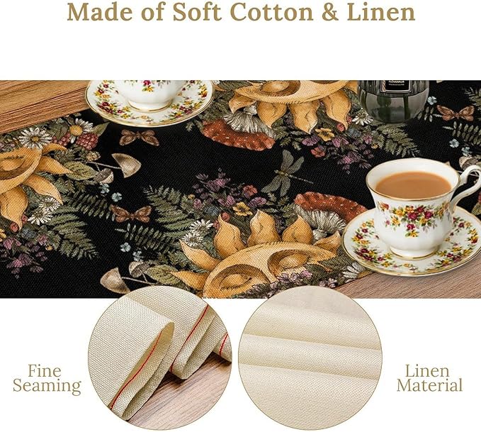 Sun Moon Table Runner, Bohomian Mushroom Daisy Table Gothic Dragonly Butterfly Table Center Decor Table Runner for Indoor Outdoor Party Kitchen Dinner Black, 13x36 Inch
