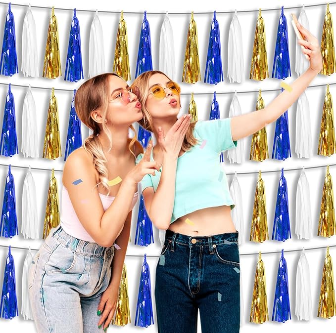 4 Pack Navy-Blue White and Gold Foil Fringe Tassel Banner Garland Metallic Tinsel Streamers Wall Hanging Curtain Backdrop Banners for Parade Floats, 2025 Graduation, Retirement Party Decoratio