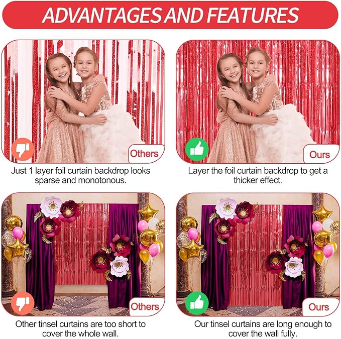 Crosize 4 Pack 3.3 x 9.9 ft Red Foil Fringe Curtains Party Decorations, Red Tinsel Curtain Backdrop for Parties, Door Streamers, Glitter Streamer Fringe Backdrop for Birthday Decoration