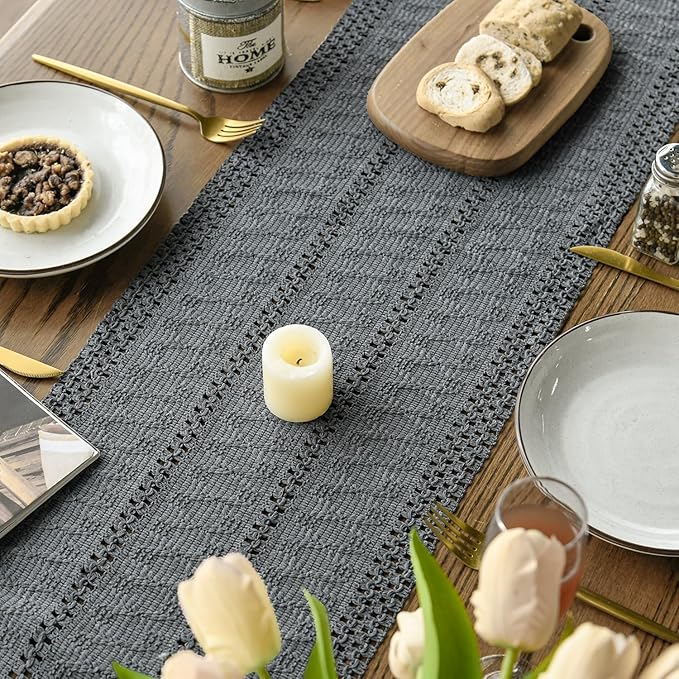 Artoid Mode Dark Grey Farmhouse Woven Rustic Hollow Table Runner, Seasonal Holiday Hollow Kitchen Dining Table Decoration for Home Party Decor 12x60 Inch