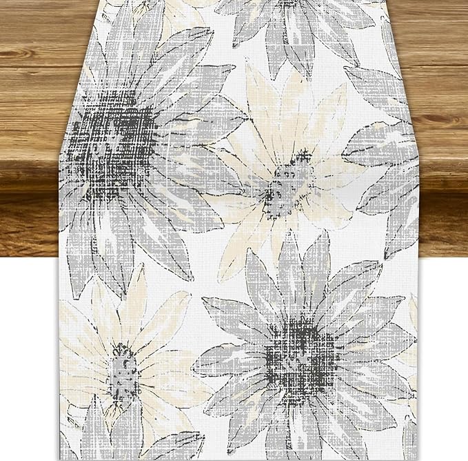 Chrysanthemum Vintage Floral Table Runner, Elegant Grunge Green Sunflower Spring Summer Elegant Pattern Artichokes Flower Table Runner for Party Kitchen Dining Living Room Decor, 13x108 Inch