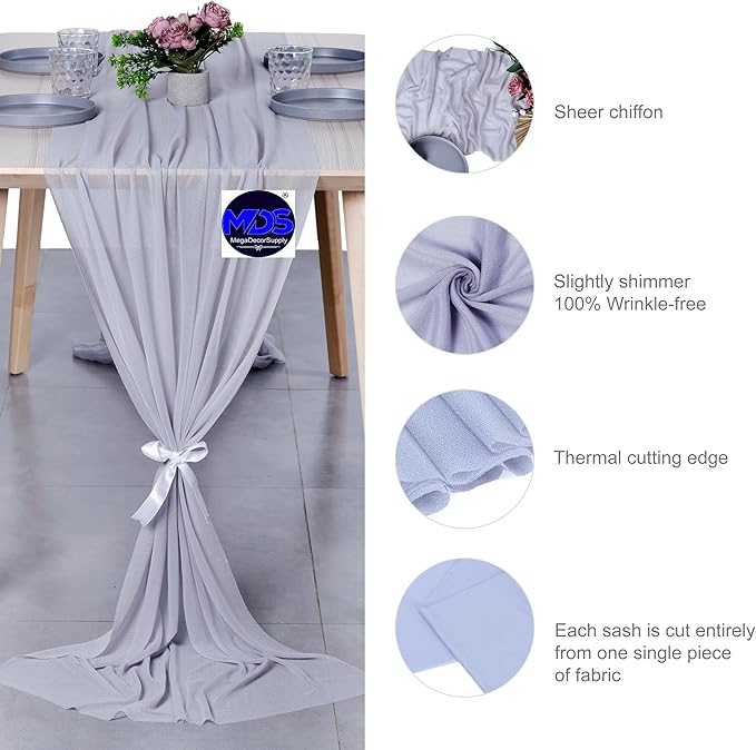 MDS 2 Pack 14ft Chiffon Table Runner 29 x 170 Inches Sheer Wedding Runner Romantic Rustic Table Runner for Wedding Decorations, Birthday Parties, Bridal Shower Party Arch Decor - Cool Gray