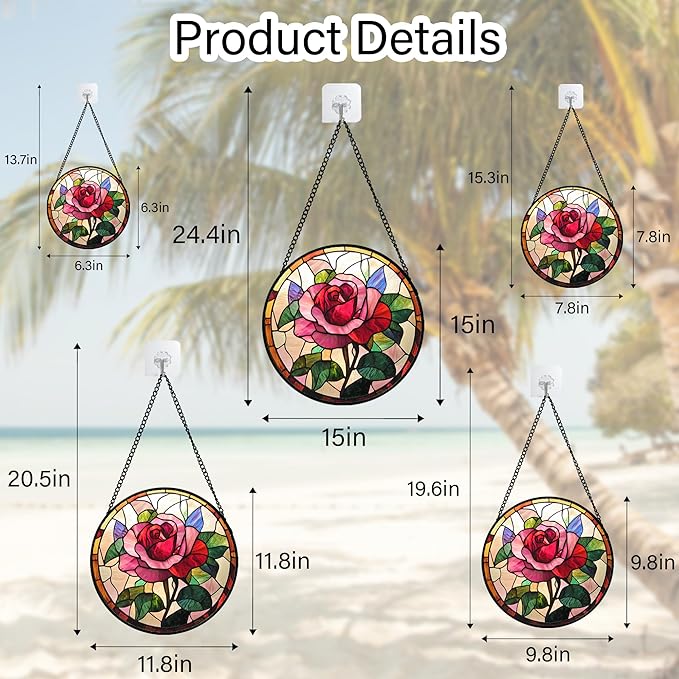 Stained Glass Window Hanging - Pink Rose Suncatcher for Door Garden Home Decor Birth Flower Sun Catcher Christmas Birthday for Friend Lovers Women Mom Nana 15 in