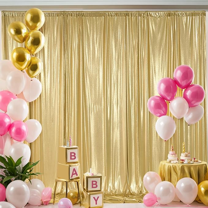 20ft x 10 ft Glitter Gold Backdrop Curtain for Parties, Wrinkle Free Non-See Through Not Fall-Off Sequin Gold Shimmer Photo Backdrop Drapes for Graduation Photography Background Cloth-4 Panels 5x10ft