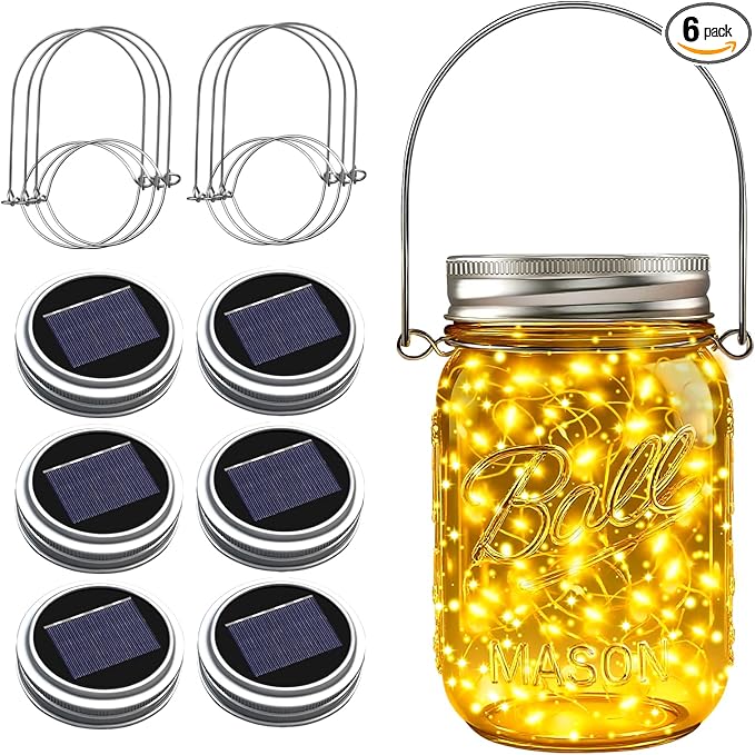 ZNYCYE Mason Jar Solar Lights for Outside, 6 Pack 30 LED Fairy Lights Mason Jar Solar Lids Outdoor Waterproof String Lights with Hangers (No Jars) for Patio Garden Yard Lawn Decor - Warm White