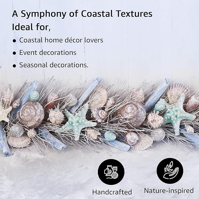HOLIDAY TREE Handcrafted 48'' Shell Coastal Summer Garland for Home, Staircase, Wall, Hallway and More