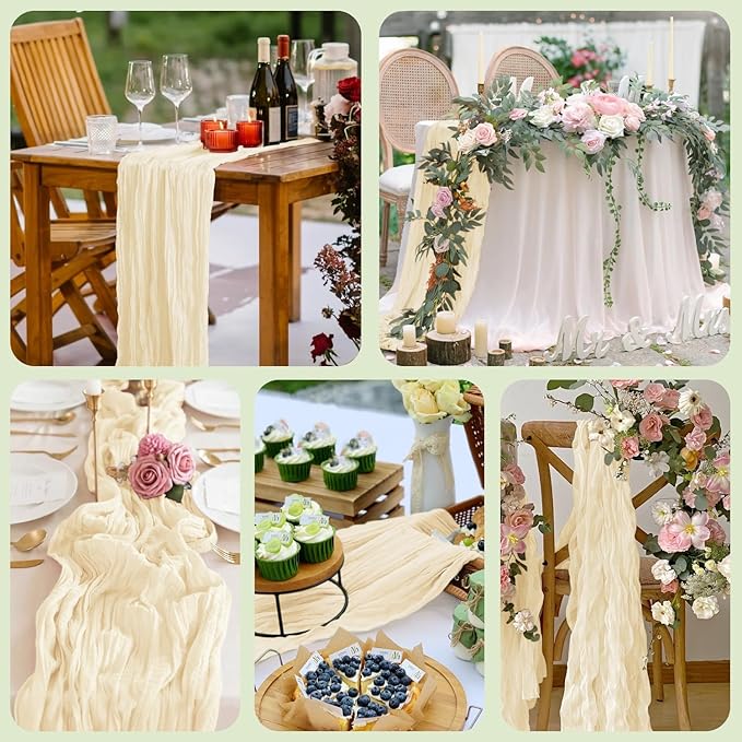 Asee'm 2pcs Cheesecloth Table Runner 120 Inches Long Beige Boho Gauze Cheese Cloth Runner 10FT Rustic Sheer Table Runners for Christmas Wedding Party Baby Shower Spring Easter Decoration