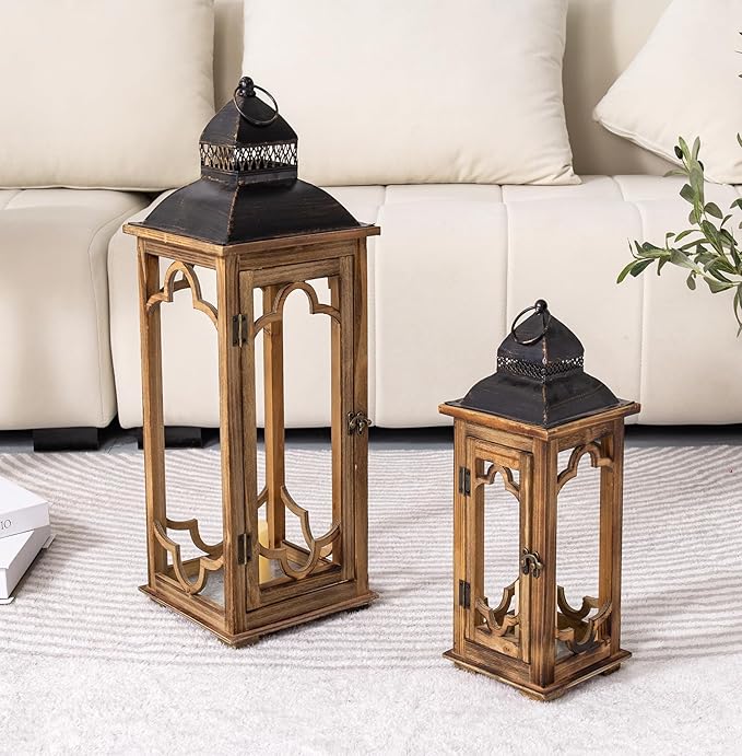 Large Farmhouse Decorative Wooden Lantern Set of 2, Rustic Brown Floor Lanterns, Indoor/Outdoor Hurricane Lanterns for Home Decor (No Glass)