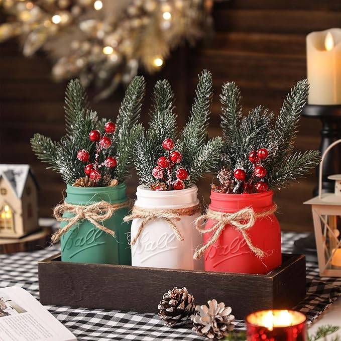 Winter Mason Jars, Winter Centerpieces for Tables, Wood Tray & 3 Painted Decorative Jars, Christmas Table Centerpieces Decoration, Farmhouse Dining Table Kitchen Decorations Home Decor