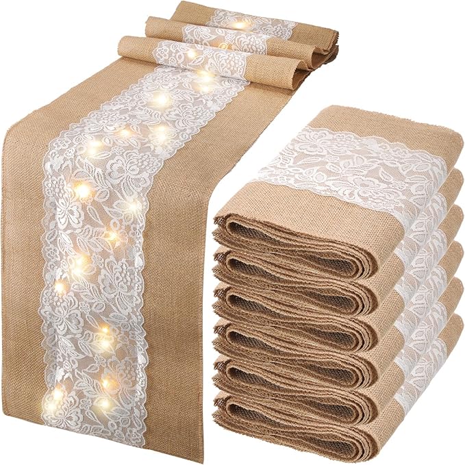 Xinnun 6 Pack Burlap Table Runner with LED String Lights, Modern Rustic Lace Natural Vintage Boho Jute Wedding Table Decor for Farmhouse Thanksgiving Christmas(Modern Neutral,12x70 Inches)