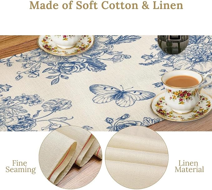 Monochrome Sketch Flowers Table Runner, Seasonal Spring Fall Plants Blue Florals Butterfly Dinner Runner for Home Kitchen Dining Table Party Holiday Decoration 13"x90"