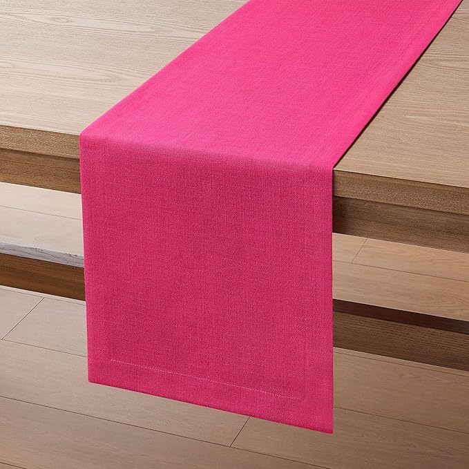 ZeeMart Linen Textured Border Table Runner, 14 x 60 Inch Hot Pink, Farmhouse Style Pink Table Runners 60 Inches Long, Easy Care Everyday Polyester Table Runner