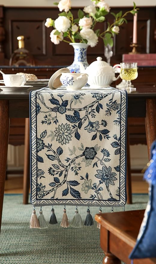 Decorative Linen Table Runner 87 Inches Long,Chinoiserie Blue Floral Cloth Runner for Coffee Table Decor Tabletop Table Runners for Kitchen,Dining,Party,Home,Christmas,12"*87"