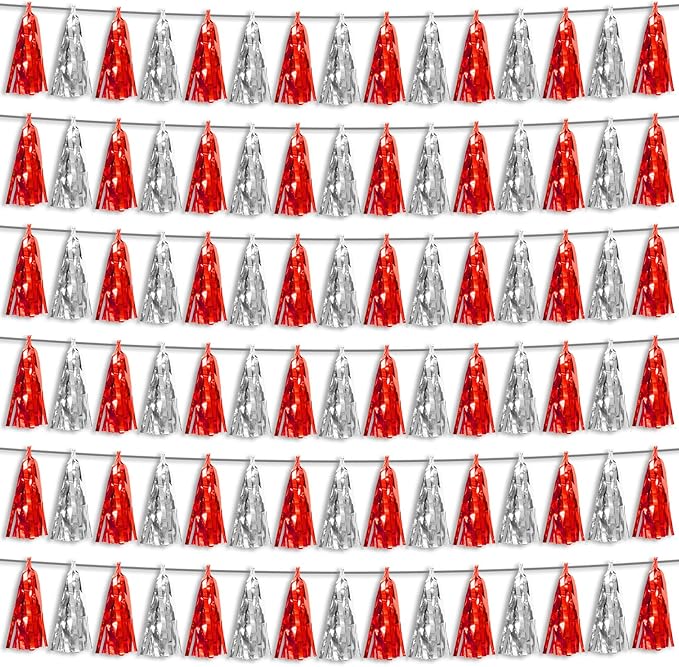6P Red Silver Foil Fringe Metallic Tassel Streamers Banner Tassel Garland for Parade Floats, Bachelorette, Wedding, Birthday, Graduation, Christmas, Bridal/Baby Shower Party Decorations