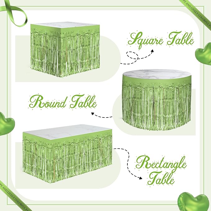 4 Pack Light Green Table Skirts, 29x108" Metallic Foil Tinsel Fringe Table Skirts for Rectangle Tables Streamer Curtains Backdrop, Party Decorations for Birthdays Weddings Holidays