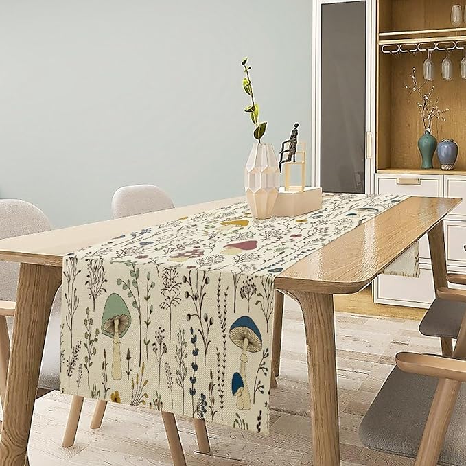 Mushroom Table Runner,Colorful Wild Plants and Fungus Botanical Plants Pattern Print Burlap for Hotel Indoors Outdoor Dining Room Kitchen Holiday Party, 13x36in