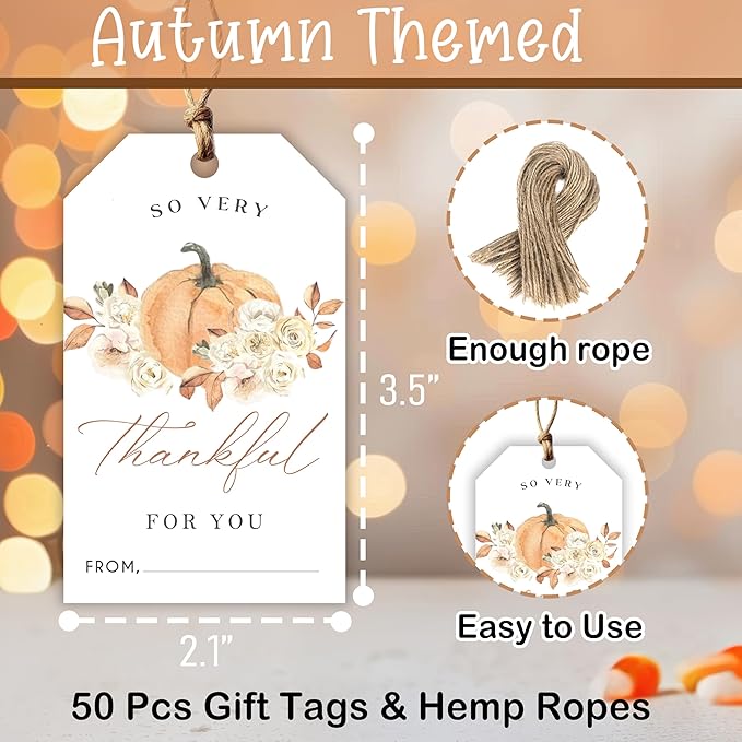 50 Pcs Fall Gift Tags, 2.1"×3.5" Autumn Florals Thank You Gift Tags for Party Favors, Pumpkin Thanksgiving Gifts Tags for Party Favor - B09
