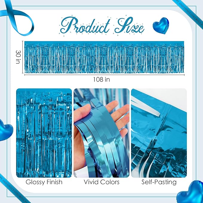 8 Pack Lake Blue Table Skirts, 29x108" Metallic Foil Tinsel Fringe Table Skirts for Rectangle Tables Streamer Curtains Backdrop, Party Decorations for Birthdays Weddings Holidays