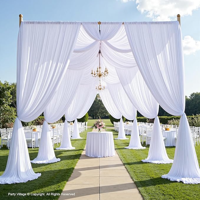 PartyVillage 50ft×15ft White Backdrop Curtain for Wedding Parties, 10 Panels Wrinkle Free 15 FT Long Polyester Photo Backdrop Drapes Back Drop Cloth for Birthday Photography Background