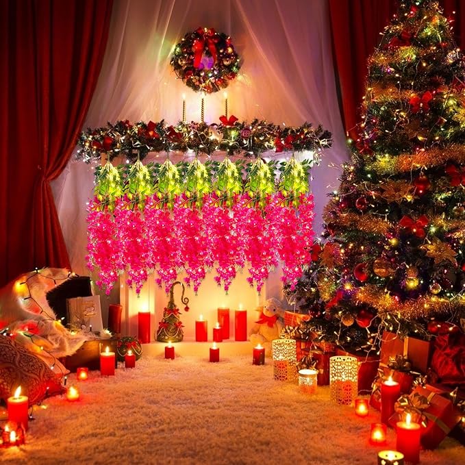 12 Pack Fuchsia Wisteria Hanging Flowers Garland with Lights, 3.44 Feet Artificial Flower Vines, Fake Wisteria, Artificial Vines Hanging Garland for Backdrop Outdoor Patio Garden Decor