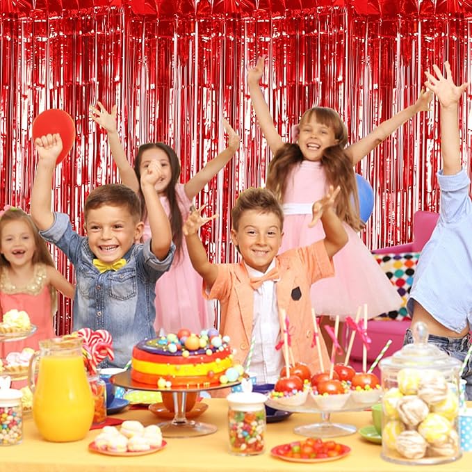 5 Pack Red Foil Curtain Backdrop 3.2ft x 9.8ft Metallic Tinsel Foil Fringe Curtains Streamer Photo Booth Backdrop for Birthday Party Engagement Bachelorette Party Decorations (Red)