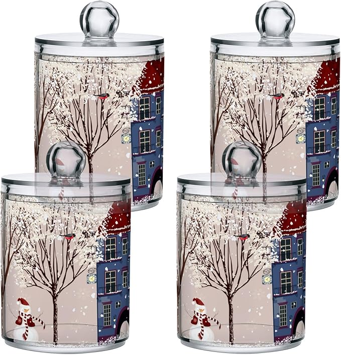 Gredecor Christmas Winter Qtip Holder Dispenser 2 Pack Snowmen Snow Courtyard with Trees Bathroom Decorative Storage Canister Holder Counter Vanity Organizer for Cotton Ball Swabs Pads Floss