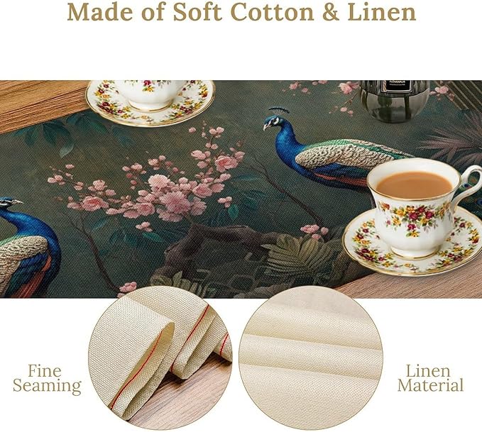 Peacock Table Runner,Vintage Aesthetic Peacock Birds Table Runner for Home Kitchen Dining Party Indoor Outdoor Decoration 13x90 Inch