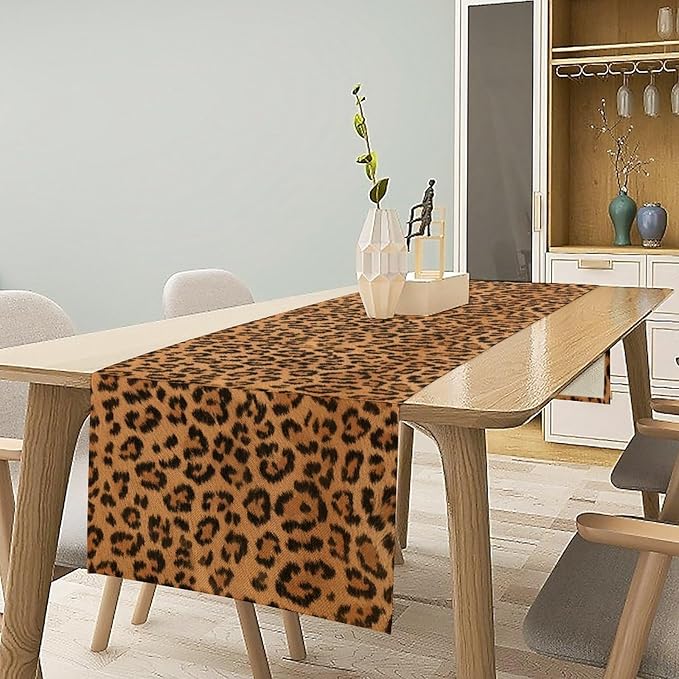 Leopard Print Table Runner Wildlife Vintage Cheetah Fur Spot Animal Skin Spots Pattern Table Cloth for Garden Farmhouse Wedding Party Vacation Dinner Home Decoration, 13x108 Inch