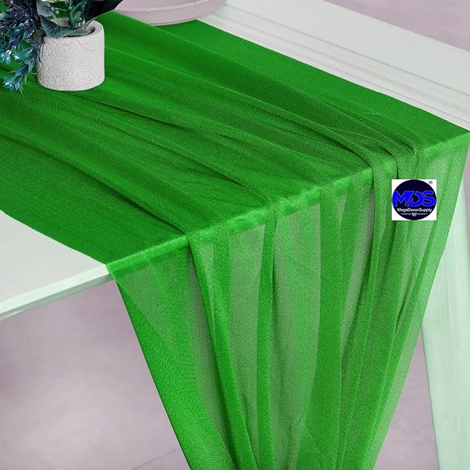 MDS 15 Pack 10ft Chiffon Table Runner 29 x 120 Inches Sheer Wedding Runner Romantic Rustic Table Runner for Wedding Decorations, Birthday Parties, Bridal Shower Party Arch Decor - Green