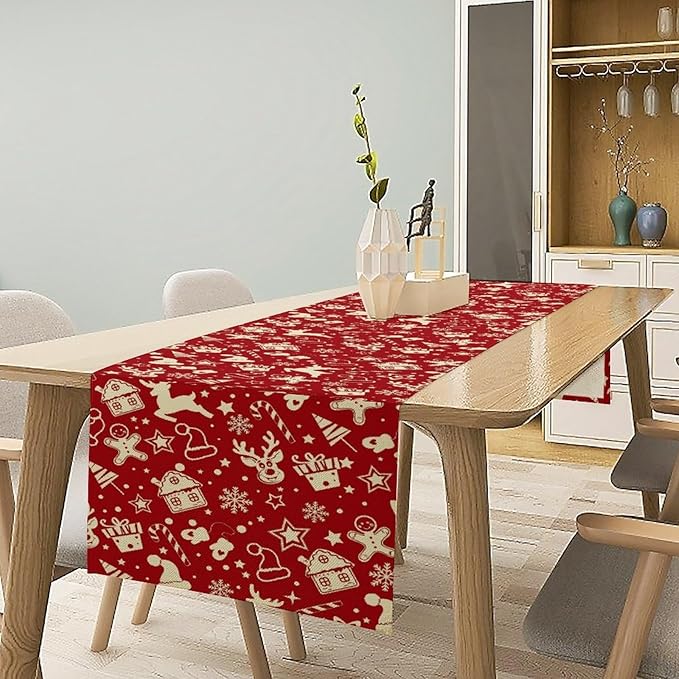 Christmas Table Runner,Seasonal Winter Deer Table Decoration Snowflake Table Cloth Kitchen Dining Table Decoration for Home Party Decor 13x70 Inch