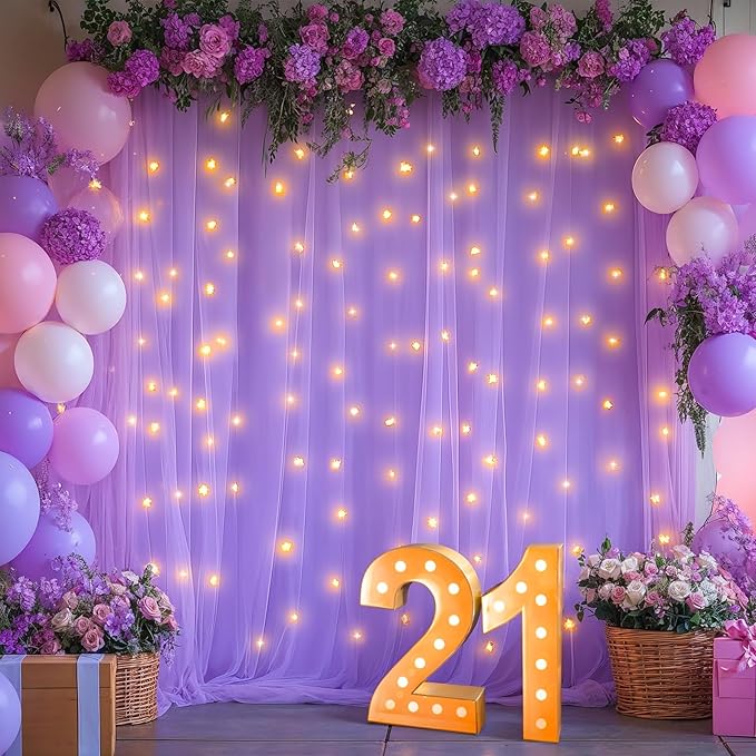 20x10ft Lavender Tulle Backdrop Curtains with Lights for Party Wedding Baby Shower, Sheer Wrinkle Free Backdrop Curtains for Birthday Party Photo Booth Background Decoration