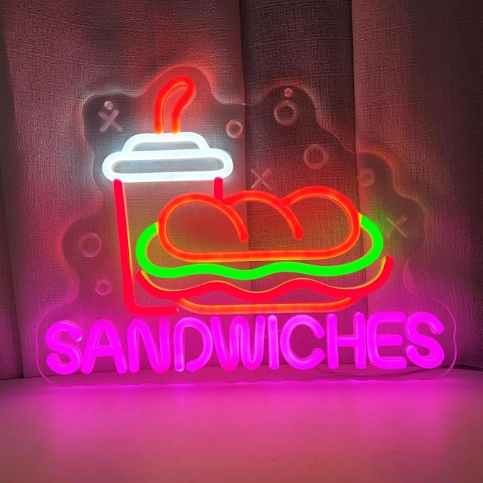 Sandwiches Neon Sign Sandwich Neon Signs for Wall Decor, Food Drinks LED Lights for Restaurant Food Shop Kitchen Party Dinner Decor, 13.3" x 10.3"