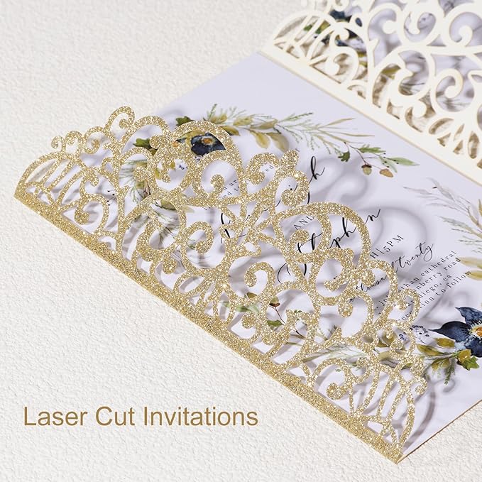25pcs Glitter Wedding Invitations with Envelopes and RSVP Cards Gold Personalized Laser Cut Party Invitation with Ribbons for Wedding Engagement Baby Bridal Shower Quinceanera Birthday Party Invite