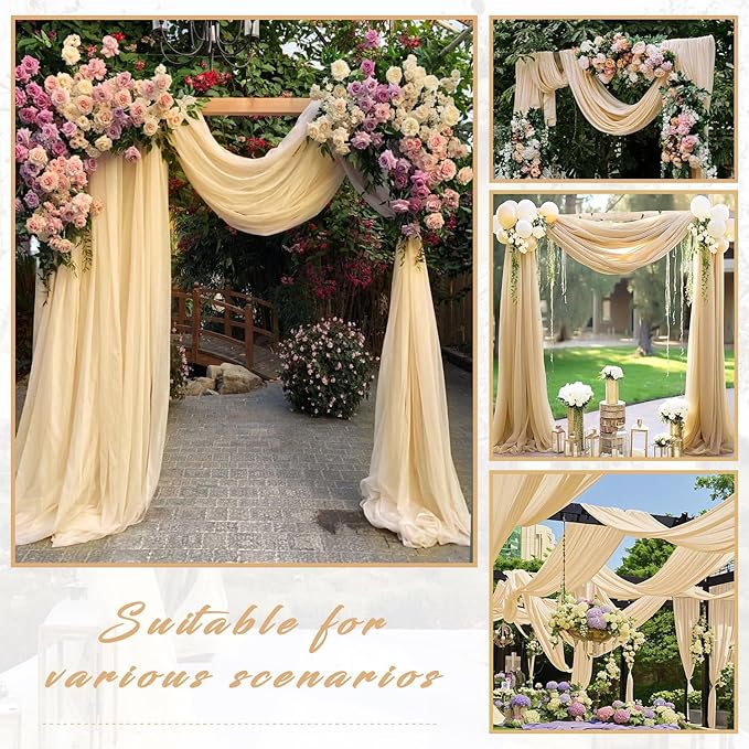 4 Panels Wedding Arch Draping Fabric 20Ft Length x 28" Width Champagne Arch Drapes Chiffon Fabric Sheer Curtains Backdrop for Party Bridal Decorations Wedding Ceremony Ceiling Stage Reception Decor