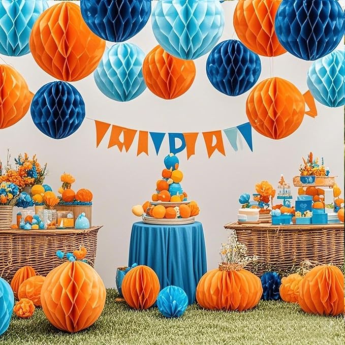 Orange Blue Paper Honeycomb Balls,12 Pack Hanging Tissue Pom Poms for Birthdays,Weddings,Home Party Decoration