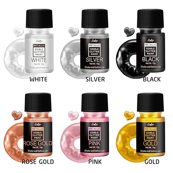 Edible Glitter Paint - 6 Colors Food Grade Metallic Glitter Cake Paint for Cake Decorating, Baking, Cupcakes, Cookies - Shimmer Art Decorative Liquid Edible Paint Food Coloring for Fondant, Donuts
