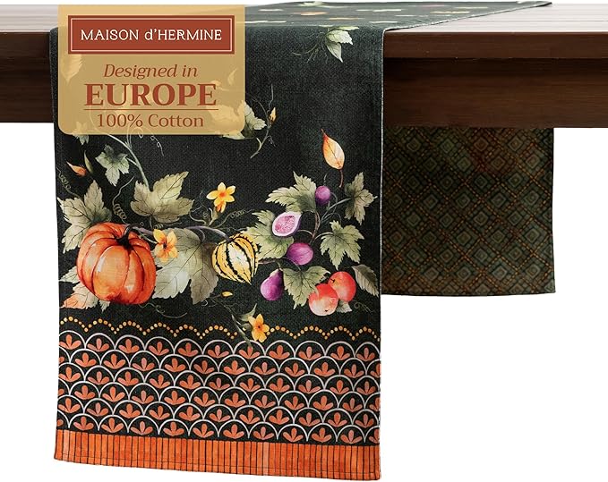 Maison d' Hermine Table runner 100% Cotton Double Layer Table Runners 72 inches long for Thanksgiving Christmas Decorations Home Kitchen Dining Party Wedding (Pumpkin Garden - Dark Green, 14.5" x 72")