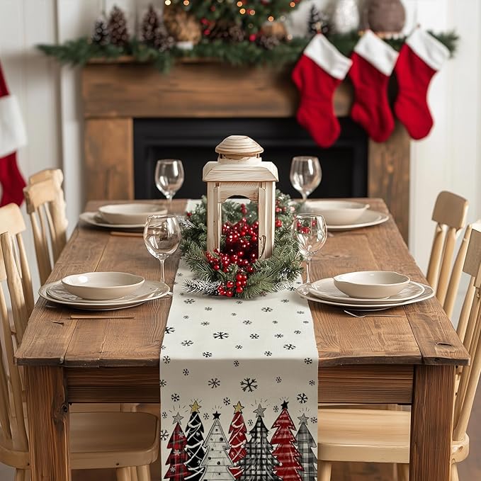 GEEORY Christmas Table Runner 13x60 Inch, Xmas Tees Snowflakes Holiday Decorative Farmhouse Table Decoration for Kitchen Dinning, Indoor Outdoor Dinner Party Decor ((Red & Black) GT165-60