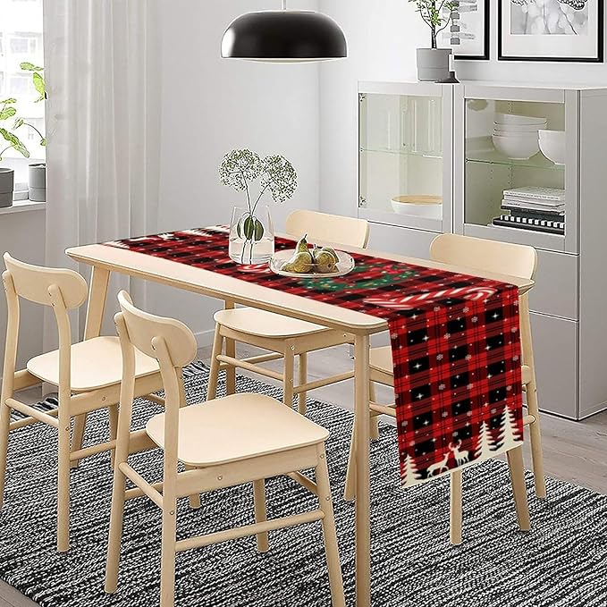Christmas Table Runner, Red Winter Xmas Holiday Table Cloth Kitchen Dining Table Decoration for Home Party Decor 13x70 Inch