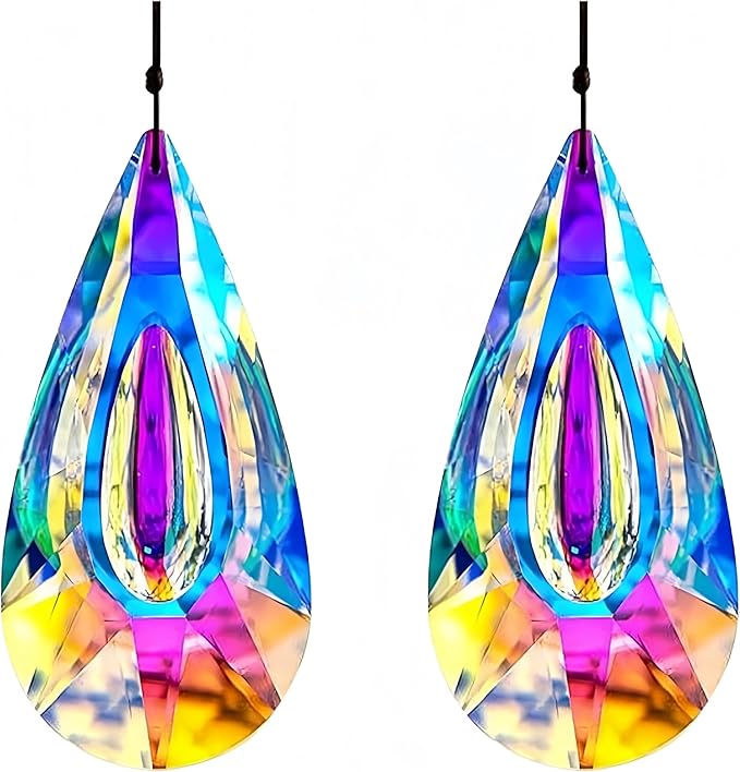 2 Pack Hanging Droplet Shape Chandelier Crystal Prisms（4.6‘’*2.1‘’） - Suncatcher Pendants for Windows, Chandelier Parts, Rainbow Maker - Create Colorful Light Reflections for Home, Garden, Christmas