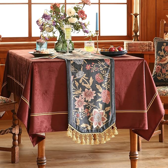 patdrea Designer Vintage Black Floral Velvet Table Runner 102 Inch Long, Pink Khaki Bouquets Pattern Table Mat, Decoration for Kitchen Dining Coffee Table Cabinet Banquet Thanksgiving,12"*102"