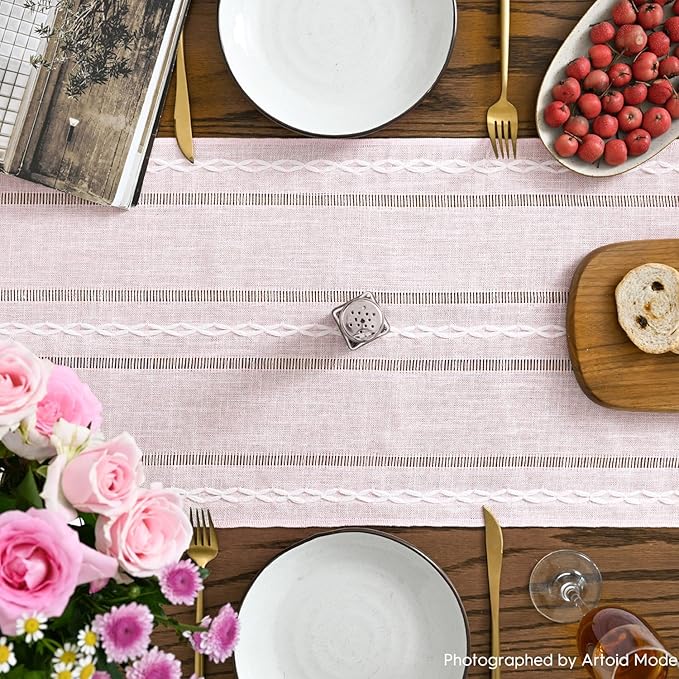 Artoid Mode Pink Rustic Cotton Linen Table Runner, Seasonal Embroidered Hollow Kitchen Dining Table Decoration for Home Party Decor 13x108 Inch