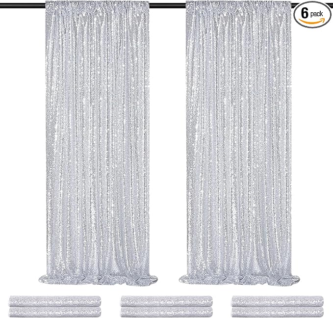 Silver Sequin Backdrop Curtains Drapes 6 Pieces 2ftx8ft Sparkly Christmas Background for Brithday Wedding Fabric Decoration